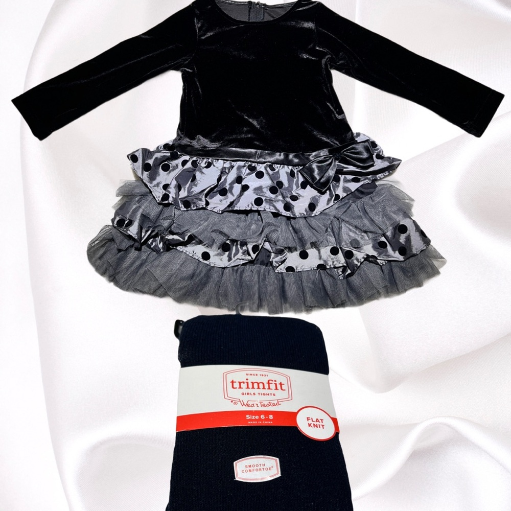 Velvet Ruffle Dress 4T + Trimfit Tights (6-8) Bundle